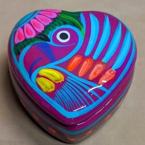 Vintage Mexican Folk Art Souvenir Trinket Box, Bird, Flower, Heart, Redware